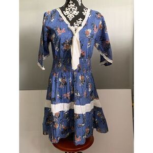Jayita Women's Floral Print Short Dress Blue Cotton V-Neck Size S‎ Casual Summer